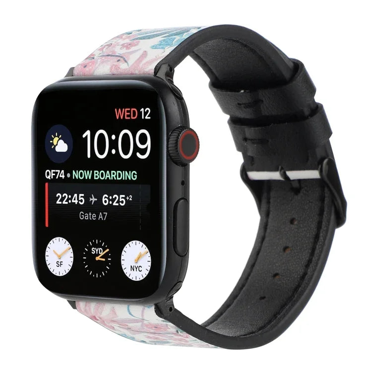 Printed Leather Watch Strap, For Apple Watch Series 7 45mm / 6 & SE & 5 & 4 44mm / 3 & 2 & 1 42mm, For Apple Watch Series 8&7 41mm / SE 2&6&SE&5&4 40mm / 3&2&1 38mm, For Apple Watch PSeries 7 41mm / 6 & SE & 5 & 4 40mm / 3 & 2 & 1 38mm