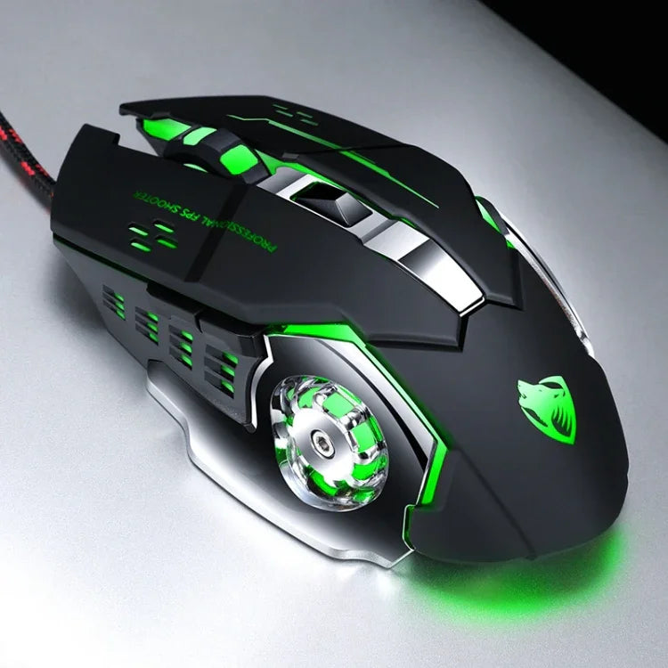 T-WOLF V6 USB Interface 6-Buttons 3200 DPI Wired Mouse Gaming Mechanical Macro Programming 7-Color Luminous Gaming Mouse, Cable Length: 1.5m, Macro Definition Audio Version Black Silver, Macro Definition Audio Version Iron Gray