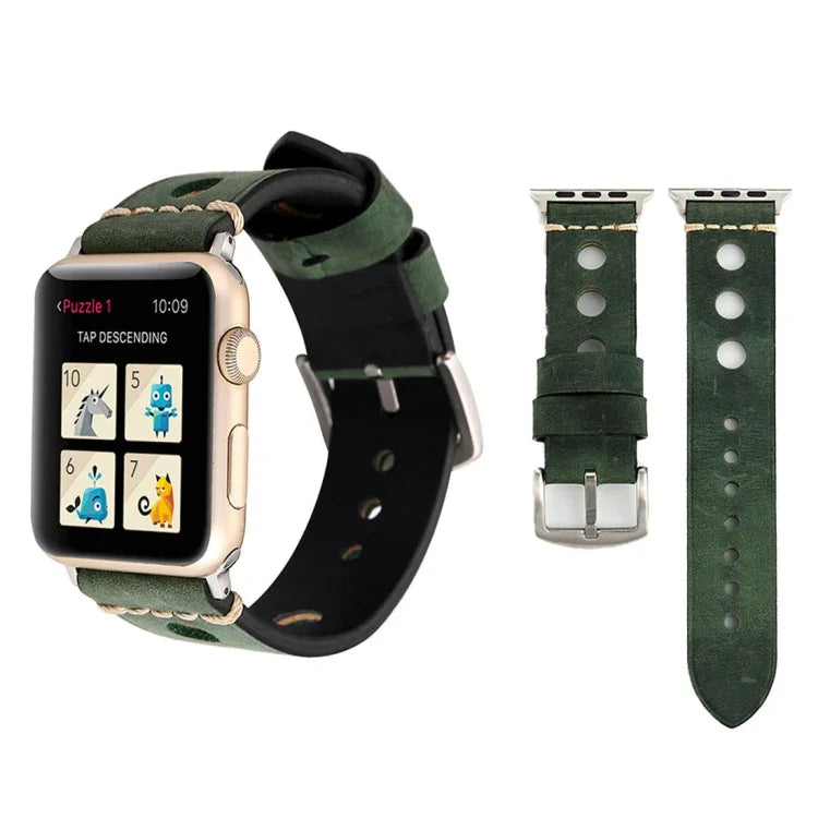 For Apple Watch Series 10 42mm / 9&8&7 41mm / SE 3&SE 2&6&SE&5&4 40mm / 3&2&1 38mm Retro Hole Genuine Leather Wrist Watch Band, For 38mm