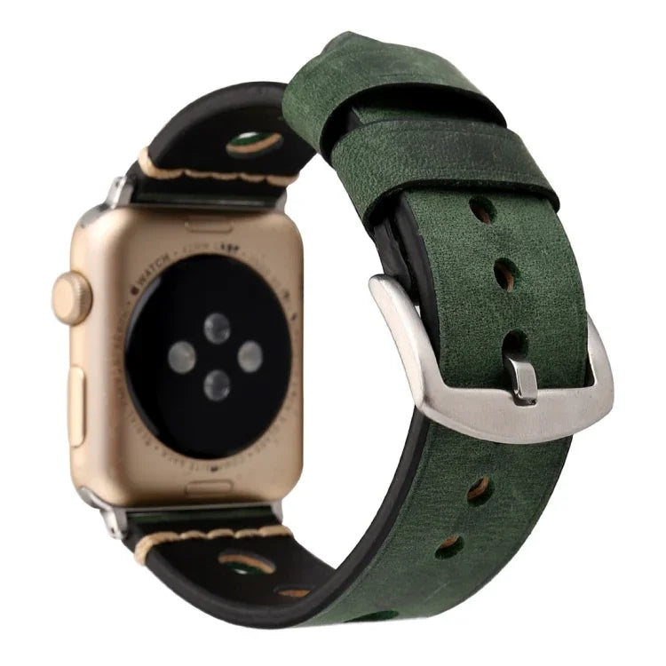 For Apple Watch Series 10 42mm / 9&8&7 41mm / SE 3&SE 2&6&SE&5&4 40mm / 3&2&1 38mm Retro Hole Genuine Leather Wrist Watch Band, For 38mm