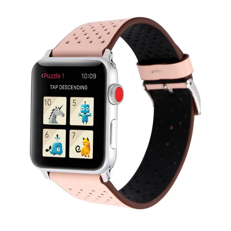 For Apple Watch Series 10 42mm / 9&8&7 41mm / SE 3&SE 2&6&SE&5&4 40mm / 3&2&1 38mm Simple Fashion Genuine Leather Hole Pattern Watch Band, 38mm