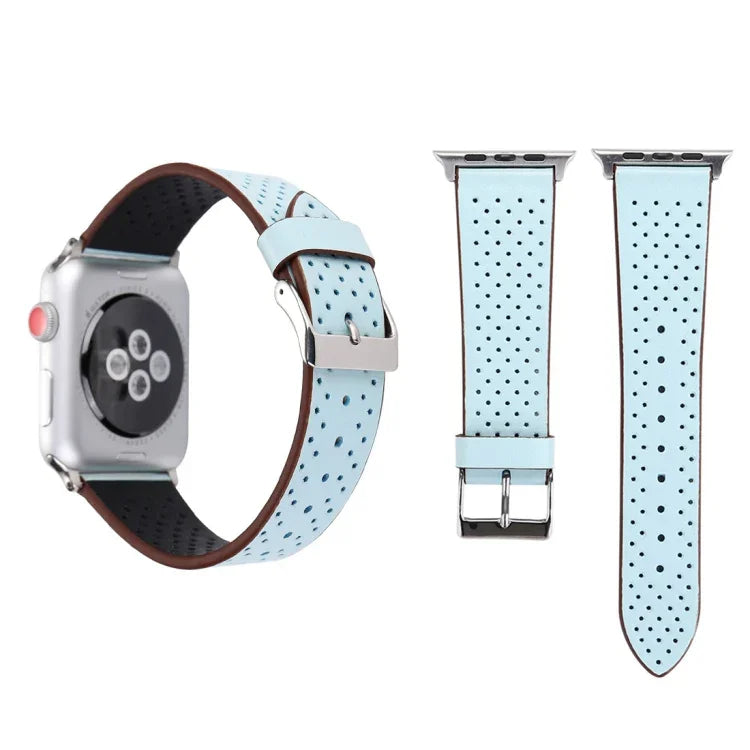 For Apple Watch Series 10 42mm / 9&8&7 41mm / SE 3&SE 2&6&SE&5&4 40mm / 3&2&1 38mm Simple Fashion Genuine Leather Hole Pattern Watch Band, 38mm
