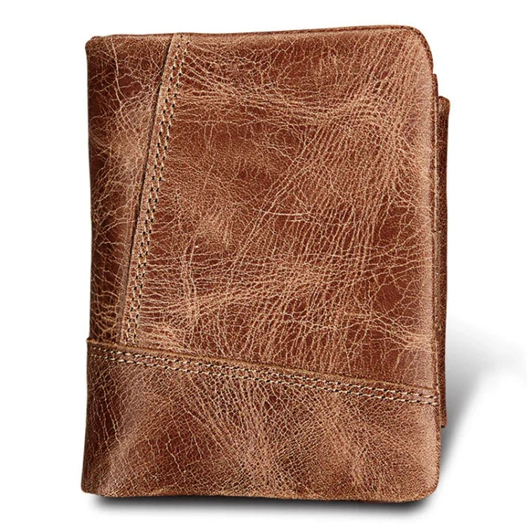 Genuine Cowhide Leather Crazy Horse Texture Zipper 3-folding Short Style Card Holder Wallet RFID Blocking Coin Purse Card Bag Protect Case for Men, Size: 12*9.5*4cm(Taupe), 3585