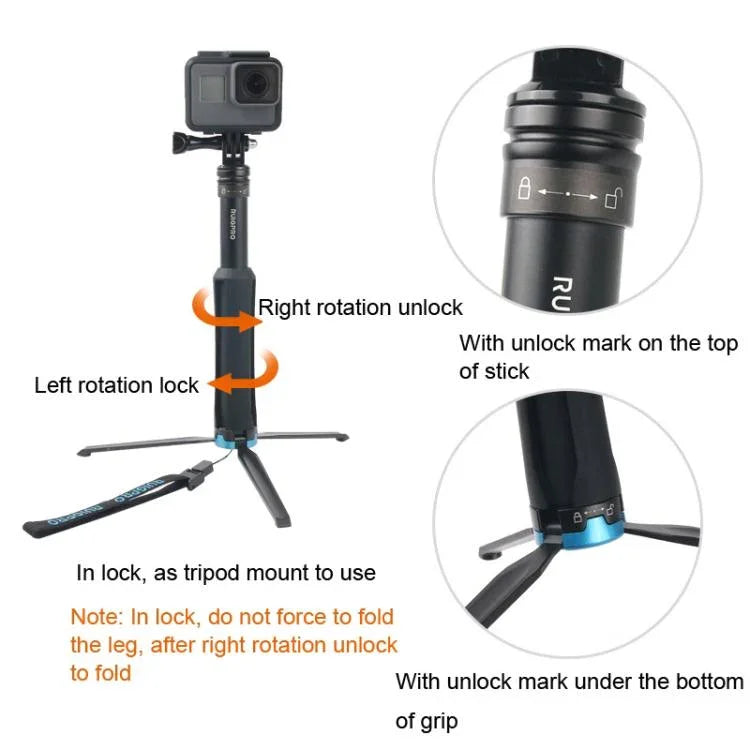 Portable Foldable Tripod Holder Selfie Monopod Stick for DJI, Insta360, GoPro and Other Action Cameras, Length: 23.5-81cm, RUIGPRO
