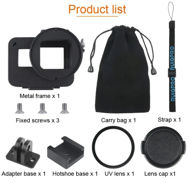 Housing Shell CNC Aluminum Alloy Protective Cage with Insurance Frame & 52mm UV Lens for GoPro HERO7 Black /6 /5, 52mm UV Black
