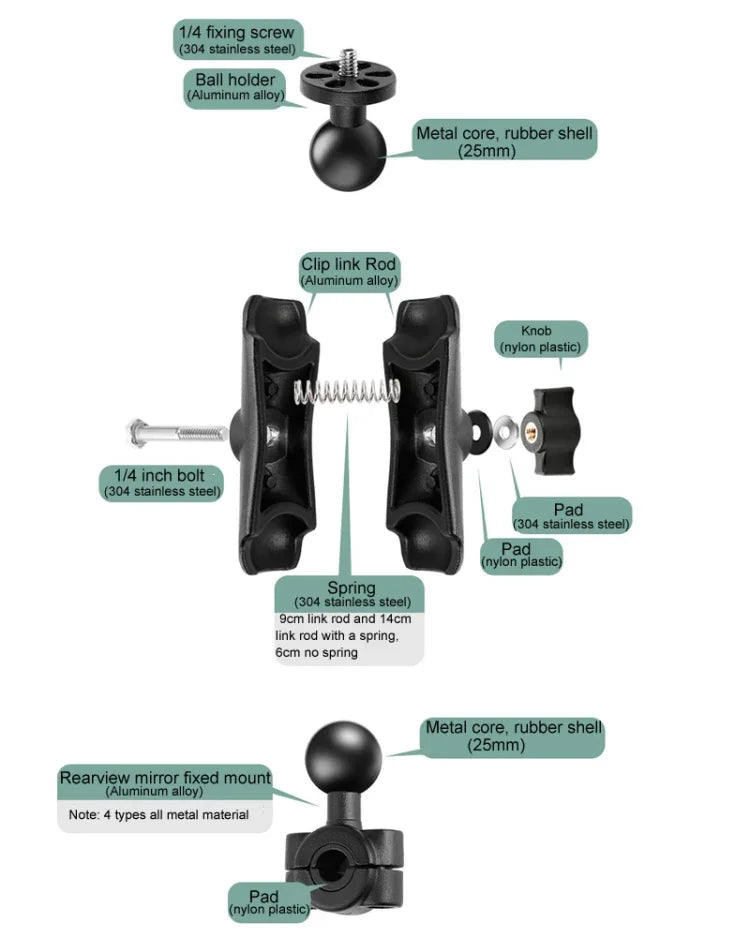25mm Ball Head Motorcycle Rearview Mirror Fixed Mount Holder with 4 Styles Gaskets for GoPro, Insta360, DJI and Other Action Cameras, 25mm Ball Head with 4 Styles Gaskets