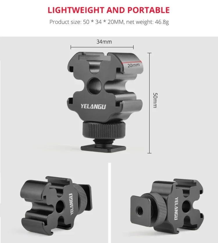 YELANGU YLG0601A A68 3-Head Cold Shoe Mount Adapter Microphone Flash Light Metal Holder Bracket, YELANGU A68 3-Head Cold Shoe