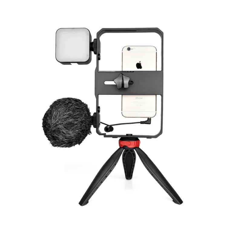 YELANGU PC204 YLG1801D Vlogging Live Broadcast LED Selfie Light Smartphone Video Rig Handle Stabilizer Bracket Kits with Microphone & Tripod, PC204