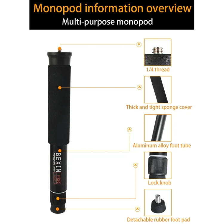 BEXIN P308C Portable Travel Outdoor DSLR Camera Aluminum Alloy Monopod Holder, P308C
