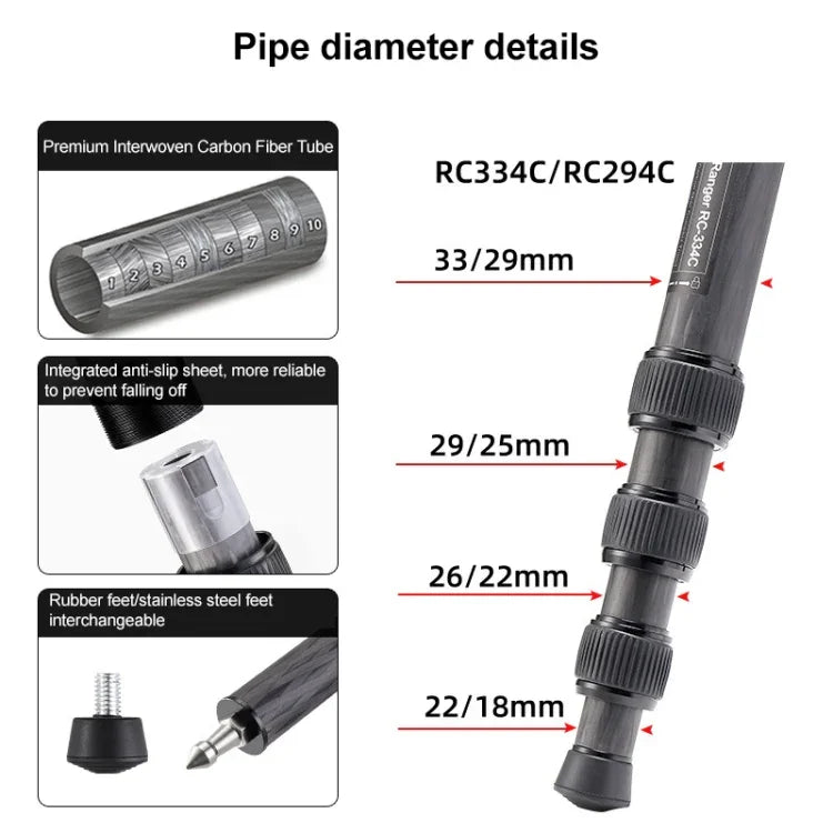 BEXIN RC334 Portable Collapsible Carbon Fiber Camera Tripod with K44 Panoramic BallHead, RC334+K44