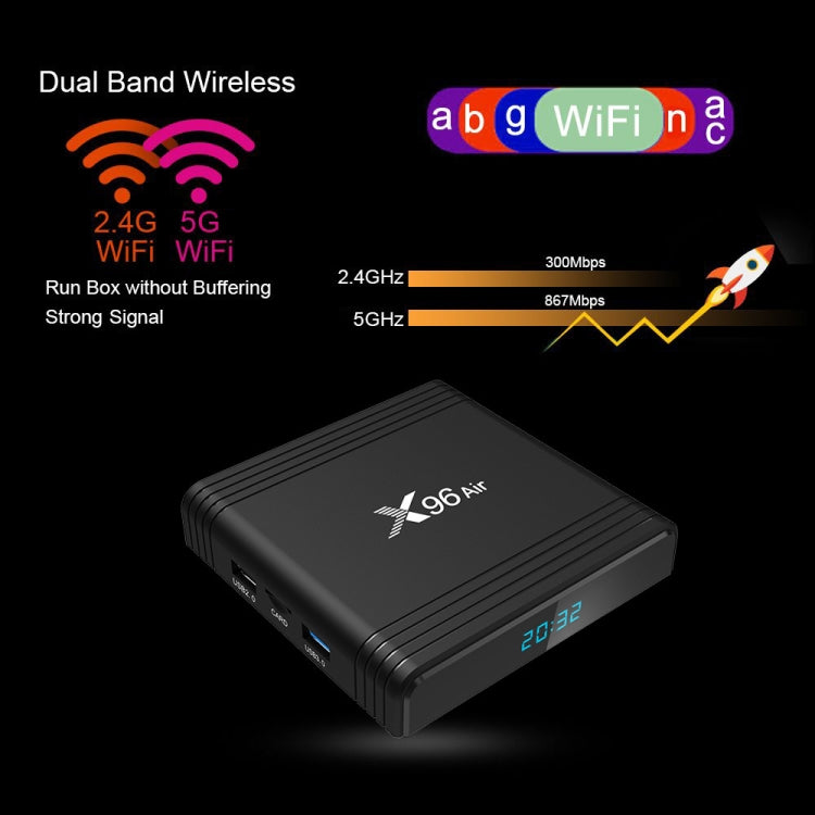 X96 Air 8K Smart TV BOX Android 9.0 Media Player with Remote Control, Quad-core Amlogic S905X3, RAM: 4GB, ROM: 32GB, Dual Band WiFi, Bluetooth, AU Plug, 4GB+32GB
