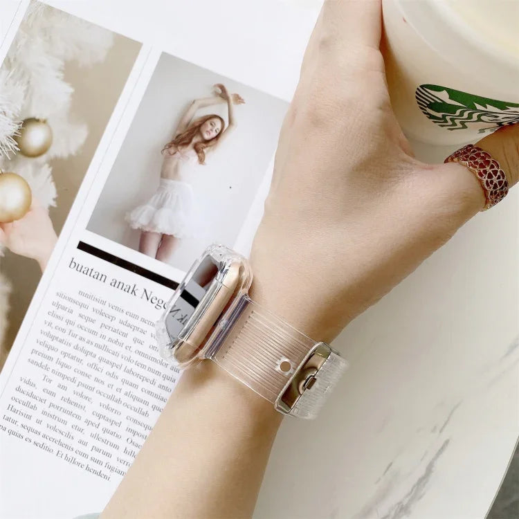 Transparent TPU watchband for Apple Watch worn on wrist with coffee cup and magazine background.
