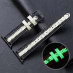 Luminous cowhide leather watch band replacement strap for Apple Watch, featuring soft material and adjustable length.