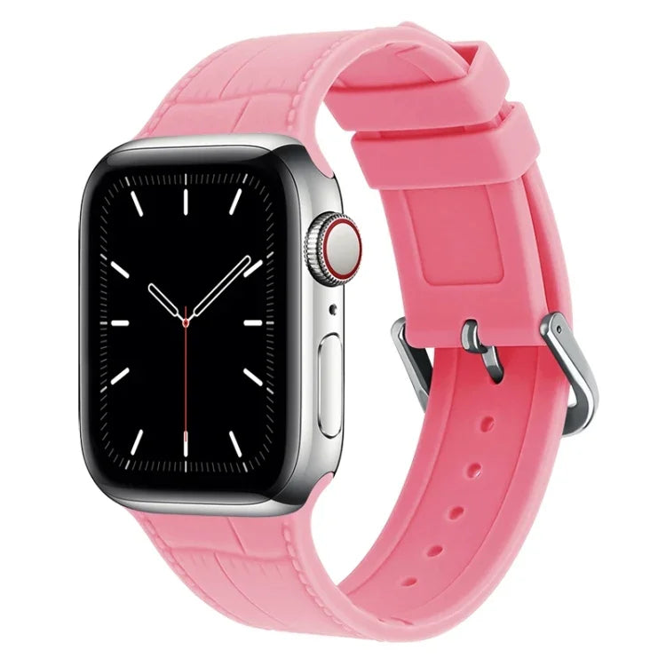 Bamboo silicone replacement strap for Apple Watch, featuring a soft pink design, compatible with various Apple Watch models.