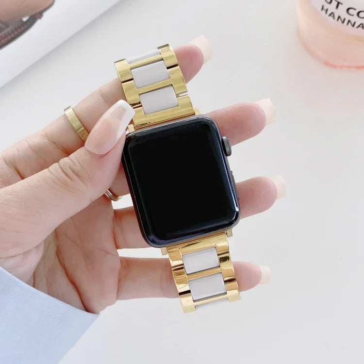 22mm Width Three Beads Ceramics Steel Replacement Strap Watchband For Apple Watch Series, 7 41mm / 6 & SE & 5 & 4 40mm / 3 & 2 & 1 38mm, 7 45mm / 6 & SE & 5 & 4 44mm / 3 & 2 & 1 42mm