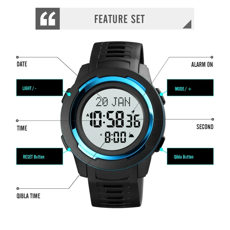 SKMEI 1729 Qibla Calendar Timing Multifunctional LED Digital Display Luminous Electronic Watch