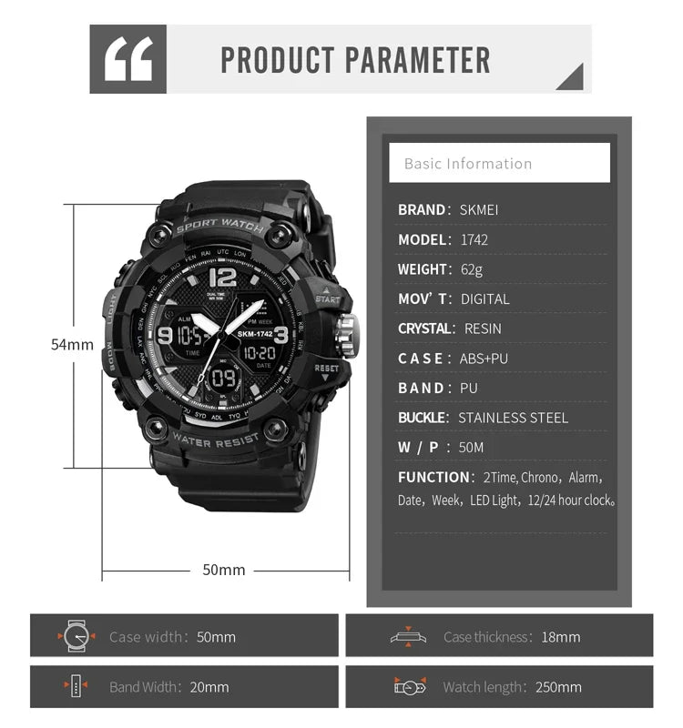 SKMEI 1742 Four-screen LED Digital Display Luminous Sports Shockproof Electronic Watch for Men
