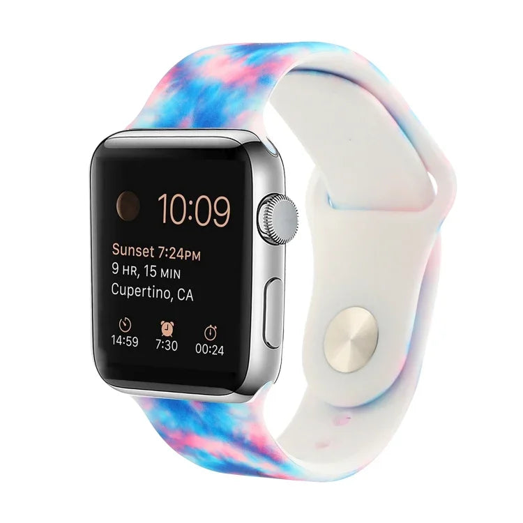 Silicone Painted Pattern Replacement Watchband For Apple Watch Series, 7 41mm / 6 & SE & 5 & 4 40mm / 3 & 2 & 1 38mm, 7 45mm / 6 & SE & 5 & 4 44mm / 3 & 2 & 1 42mm