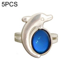 5 PCS Temperature Sensitive Discoloration Adjustable Open Ring, Heart Gem, Straw Hat Sun Shield, Big Starfish, Big Heart Gem, Dolphin Holding Ball, Guitar, Plum Blossom Gem, Clover, Four-leaf Clover, Four-leaf Flower Gems, Sun Gem, Little Dinosaur, Faw...