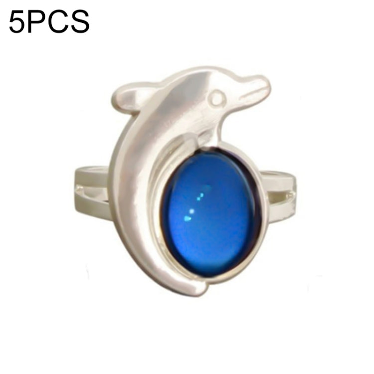 5 PCS Temperature Sensitive Discoloration Adjustable Open Ring, Heart Gem, Straw Hat Sun Shield, Big Starfish, Big Heart Gem, Dolphin Holding Ball, Guitar, Plum Blossom Gem, Clover, Four-leaf Clover, Four-leaf Flower Gems, Sun Gem, Little Dinosaur, Faw...