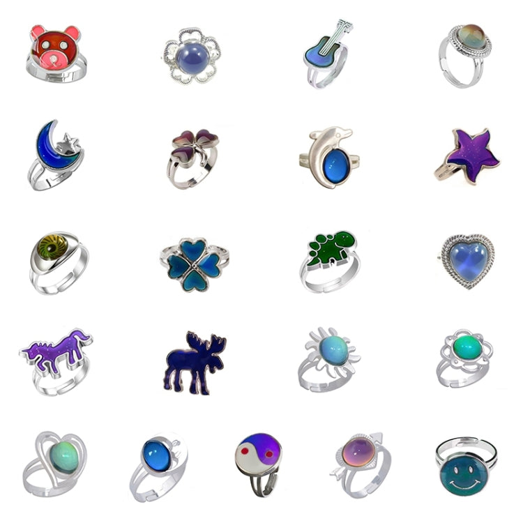 5 PCS Temperature Sensitive Discoloration Adjustable Open Ring, Heart Gem, Straw Hat Sun Shield, Big Starfish, Big Heart Gem, Dolphin Holding Ball, Guitar, Plum Blossom Gem, Clover, Four-leaf Clover, Four-leaf Flower Gems, Sun Gem, Little Dinosaur, Faw...
