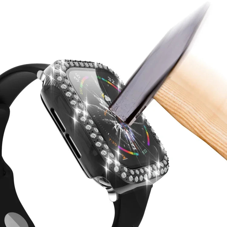 Electroplating PC Double Rows Diamond Protective Case with Tempered Glass Film For Apple Watch Series, 3 & 2 & 1 38mm, 3 & 2 & 1 42mm