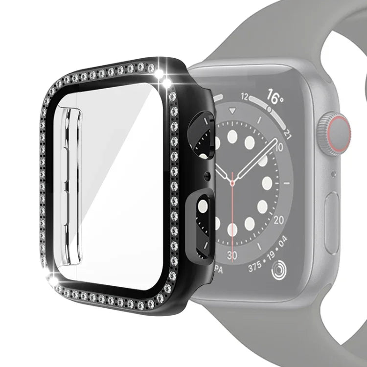Electroplating PC Single Row Diamond Protective Case with Tempered Glass Film For Apple Watch Series, 3 & 2 & 1 38mm, 3 & 2 & 1 42mm