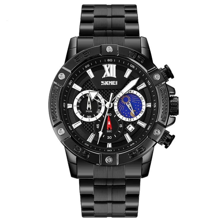 SKMEI 9235 Men Moonphase Stopwatch Stainless Steel Strap Quartz Watch