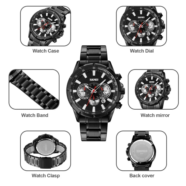 SKMEI 9241 Men Calendar Stopwatch Stainless Steel Strap Quartz Watch