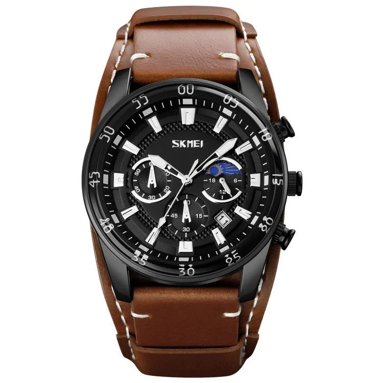 SKMEI 9249 Men Moonphase Calendar Stopwatch Leather Strap Quartz Watch