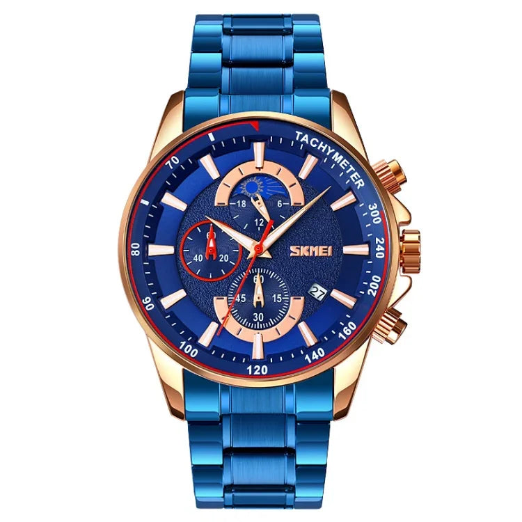 SKMEI 9250 Men Moonphase Stopwatch Date Six Pin Stainless Steel Strap Quartz Watch