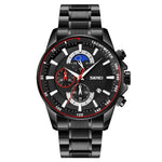 SKMEI 9250 Men Moonphase Stopwatch Date Six Pin Stainless Steel Strap Quartz Watch