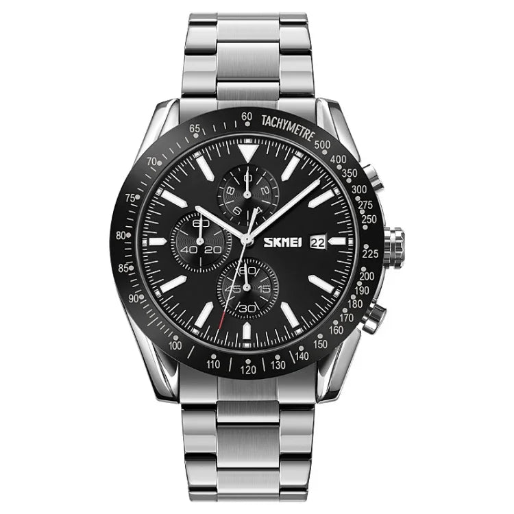 SKMEI 9253 Men Stopwatch Date Six Pin Stainless Steel Strap Quartz Watch
