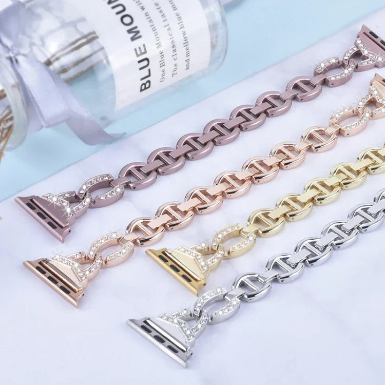 Diamond Stainless Steel Replacement Strap Watchband For Apple Watch Series, 7 41mm / 6 & SE & 5 & 4 40mm / 3 & 2 & 1 38mm, 7 45mm / 6 & SE & 5 & 4 44mm / 3 & 2 & 1 42mm