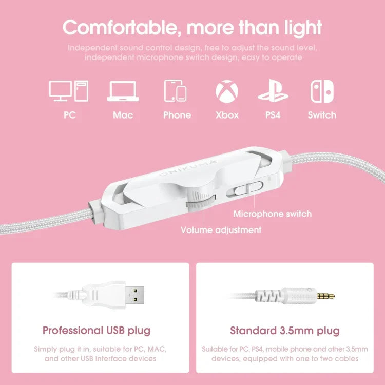 ONIKUMA X10 Car Ear LED Light Adjustable Gaming Headset with Microphone