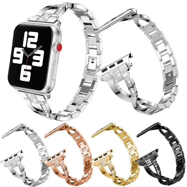 Diamond Encrusted Stainless Steel Strap Watchband For Apple Watch Series, 7 41mm / 6&SE&5&4 40mm / 3&2&1 38mm, 7 45mm / 6&SE&5&4 44mm / 3&2&1 42mm