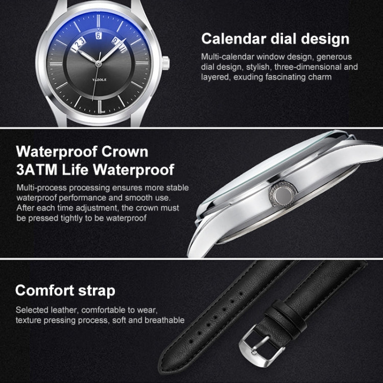 YAZOLE 513 Leather Band Calendar Waterproof Quartz Watch
