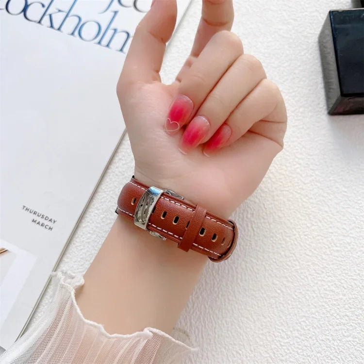 Butterfly Buckle Stitching Genuine Leather Watch Band, For Samsung Galaxy Watch4 20mm, For Huawei Watch GT 3 Pro 22mm