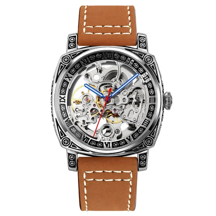 SKMEI 9271 Stainless Steel Buckle Leather Strap Waterproof Mechanical Watch