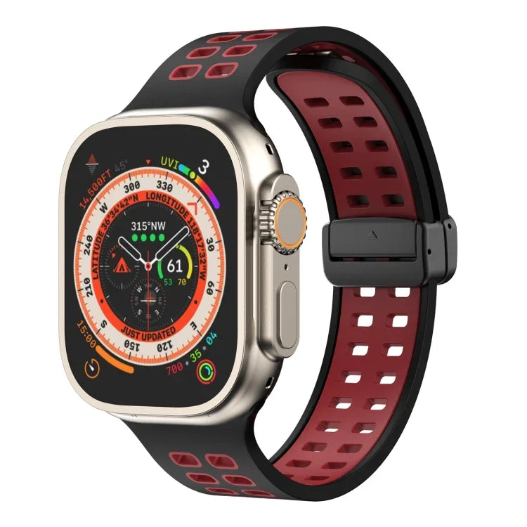 Magnetic Fold Clasp Square Holes Silicone Watch Band, For Apple Watch Series 8&7 45mm, For Apple Watch Series 8&7 41mm