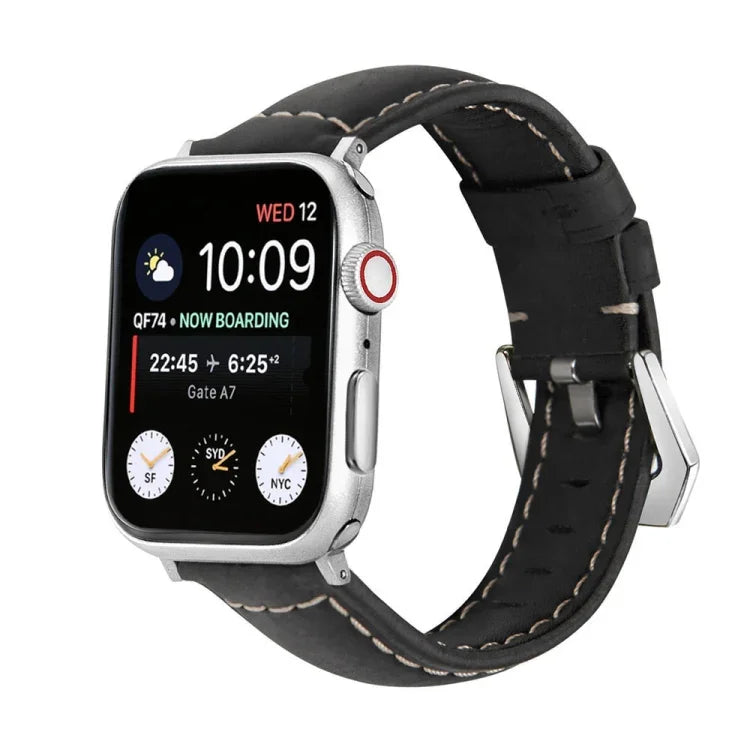 Silver Buckle Genuine Leather Watch Band, For Apple Watch Series 8&7 45mm, For Apple Watch Series 8&7 41mm