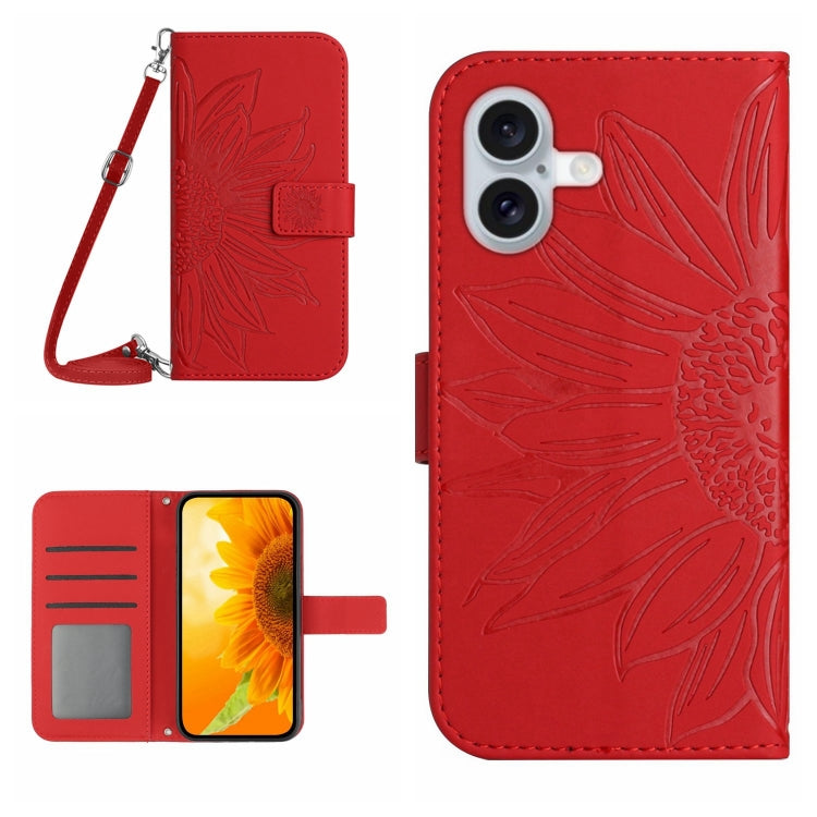 Skin Feel Sun Flower Embossed Flip Leather Phone Case with Lanyard, For iPhone Air, For iPhone 16 Pro Max, For iPhone 16 Pro, For iPhone 16 Plus