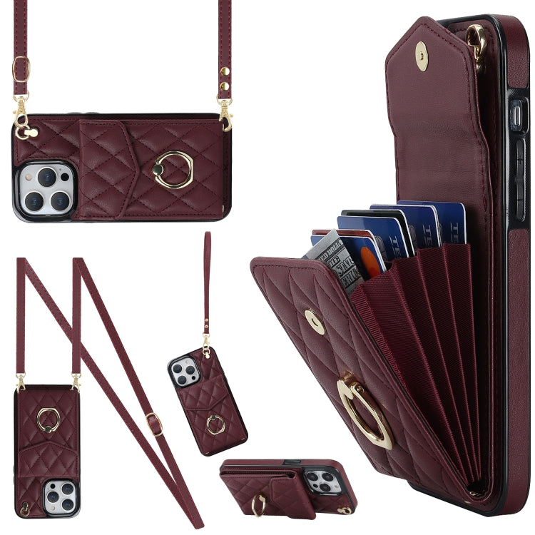 Rhombic Texture Card Bag Phone Case with Long Lanyard, For iPhone 15 Pro, For iPhone 15 Plus, For iPhone 15, For iPhone 14 Plus, For iPhone 14, For iPhone 14 Pro