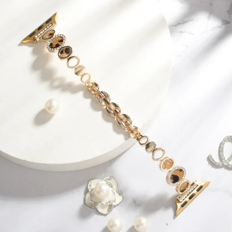 Leopard Rhinestones Metal Chain Watch Band, For Apple Watch 42mm, For Apple Watch 38mm