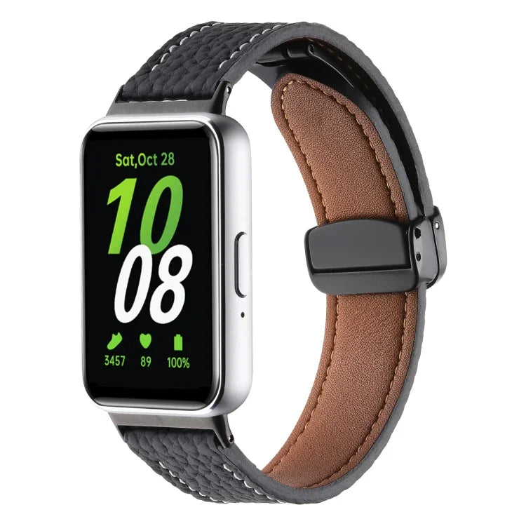 Litchi Texture Magnetic Black Buckle Leather Watch Band, For Samsung Galaxy Fit 3
