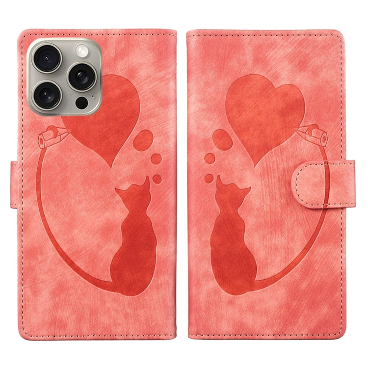 Pen Heart Cat Embossed Leather Phone Case, For iPhone 17 Pro Max, For iPhone 17 Pro, For iPhone 17, For iPhone Air, For iPhone 15 Pro Max, For iPhone 15 Pro, For iPhone 15 Plus, For iPhone 15