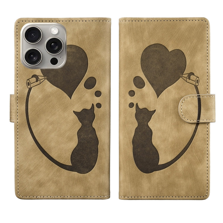 Pen Heart Cat Embossed Leather Phone Case, For iPhone 17 Pro Max, For iPhone 17 Pro, For iPhone 17, For iPhone Air, For iPhone 15 Pro Max, For iPhone 15 Pro, For iPhone 15 Plus, For iPhone 15