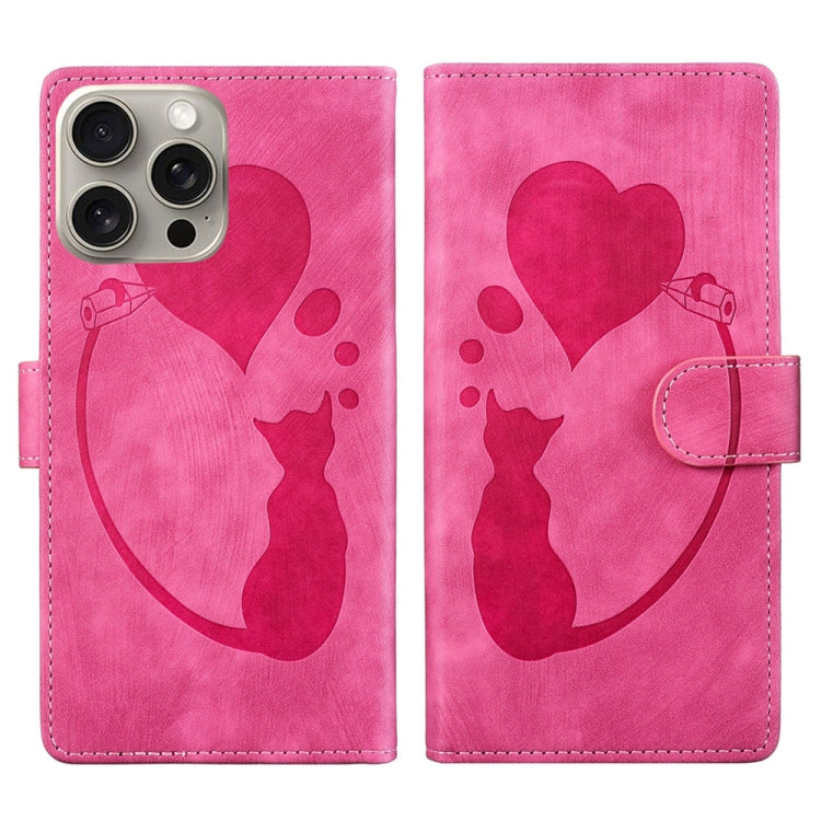 Pen Heart Cat Embossed Leather Phone Case, For iPhone 17 Pro Max, For iPhone 17 Pro, For iPhone 17, For iPhone Air, For iPhone 15 Pro Max, For iPhone 15 Pro, For iPhone 15 Plus, For iPhone 15