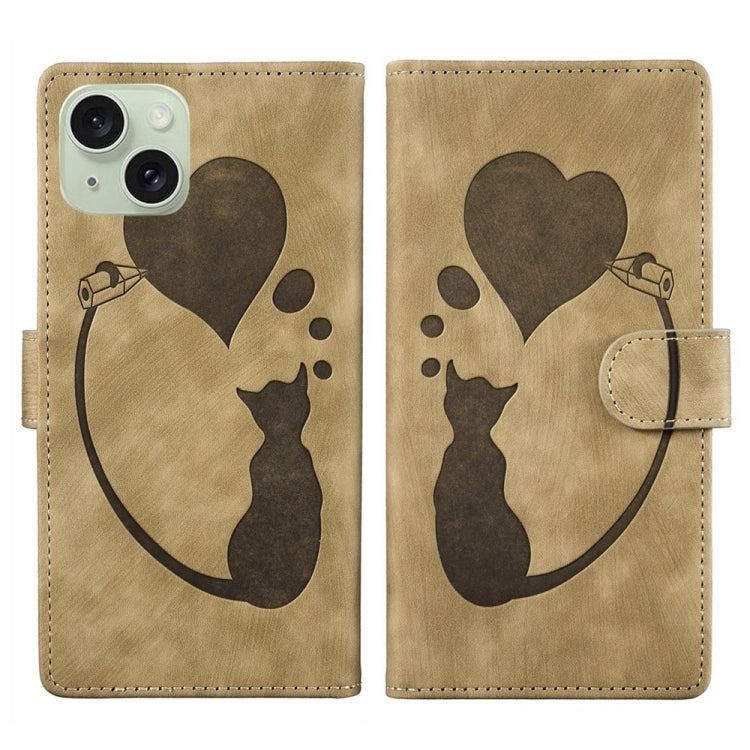 Pen Heart Cat Embossed Leather Phone Case, For iPhone 17 Pro Max, For iPhone 17 Pro, For iPhone 17, For iPhone Air, For iPhone 15 Pro Max, For iPhone 15 Pro, For iPhone 15 Plus, For iPhone 15