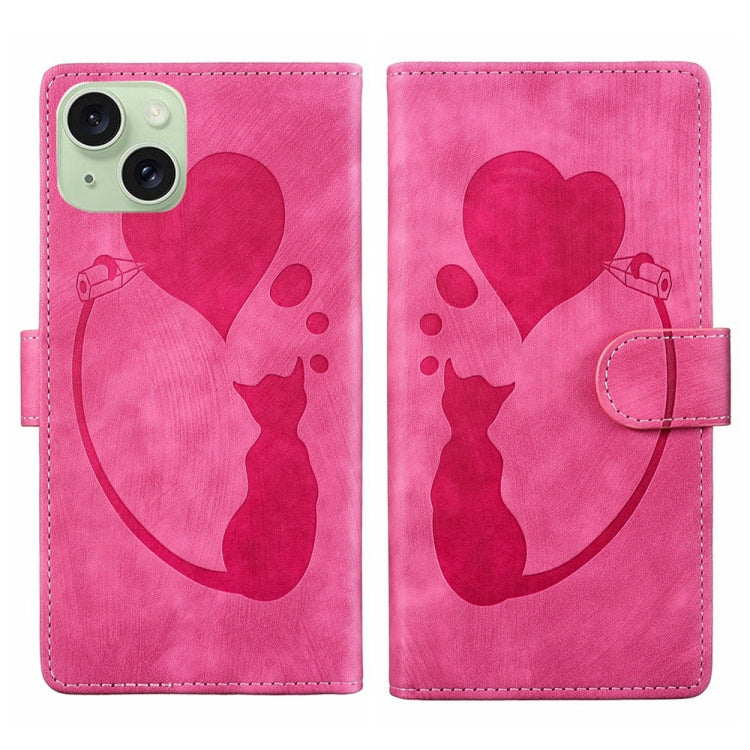 Pen Heart Cat Embossed Leather Phone Case, For iPhone 17 Pro Max, For iPhone 17 Pro, For iPhone 17, For iPhone Air, For iPhone 15 Pro Max, For iPhone 15 Pro, For iPhone 15 Plus, For iPhone 15